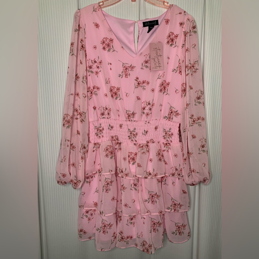 Streetwear Society Pink Floral Midi Dress Long Sleeve Rouged Waist Small
